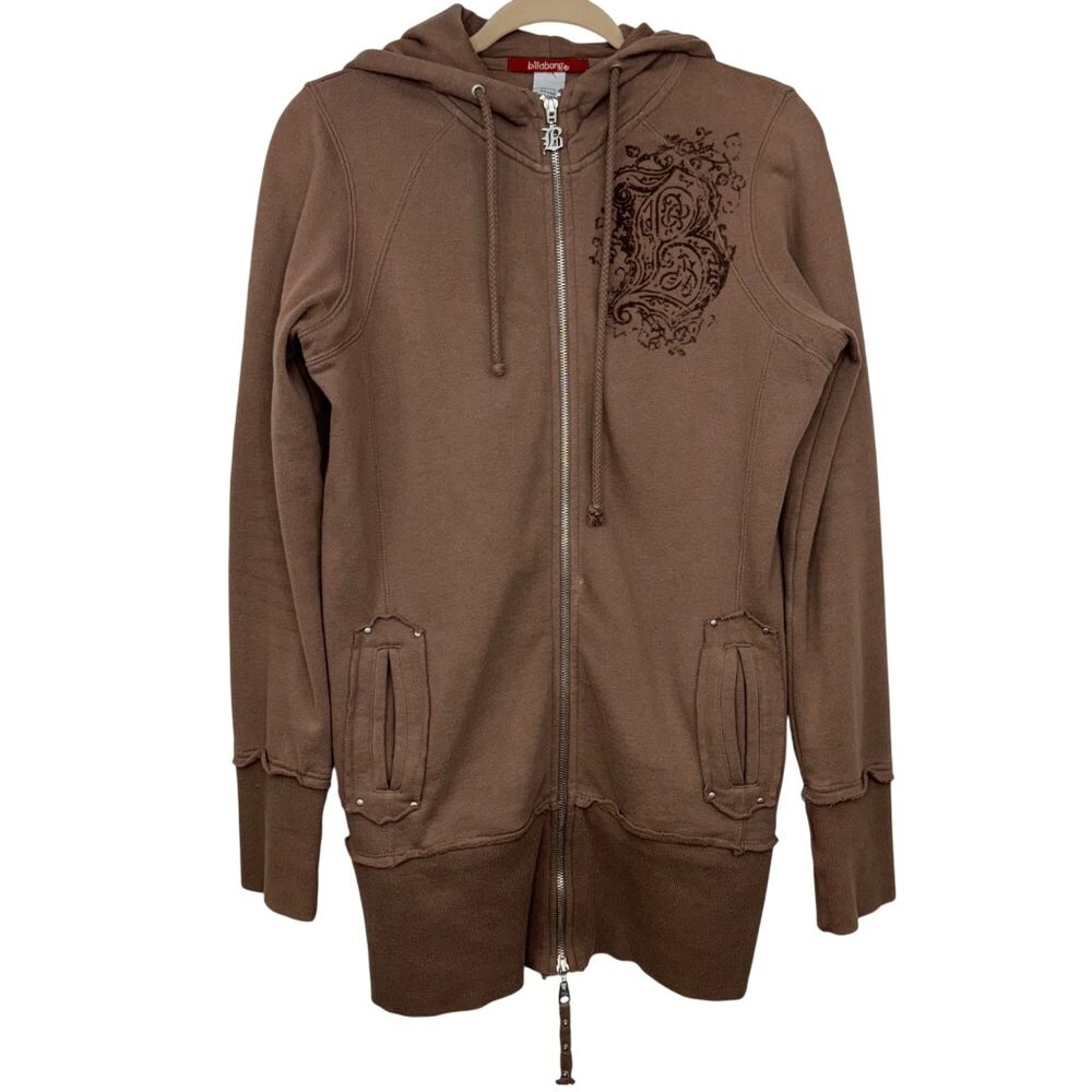 05' Billagong Brown Full zip Hoodie Burnt velvet detail Y2K Grunge Women Size L
